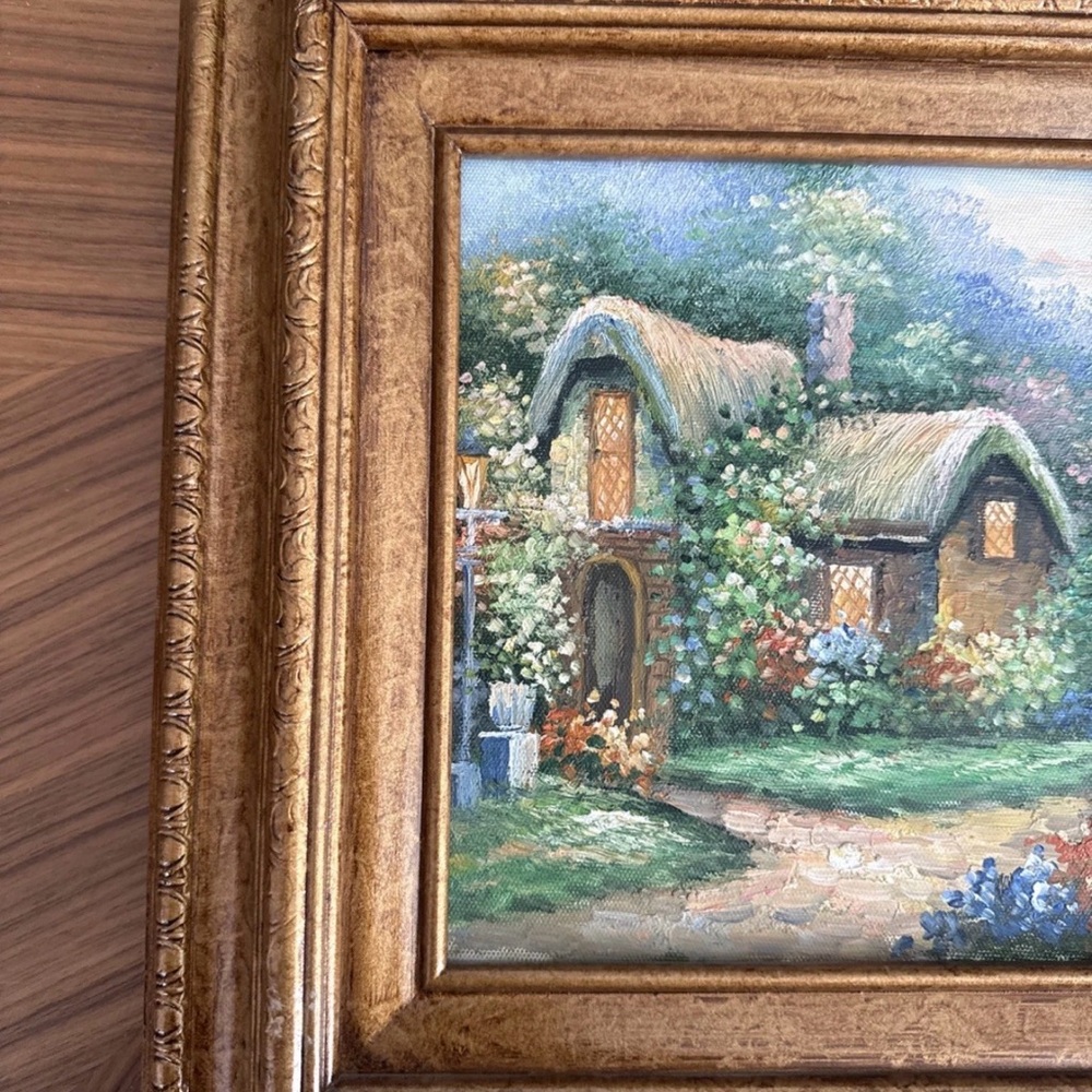 Signed Original Oil Painting Cottage Landscape Storybook House Floral 15x13 - Picture 2 of 6